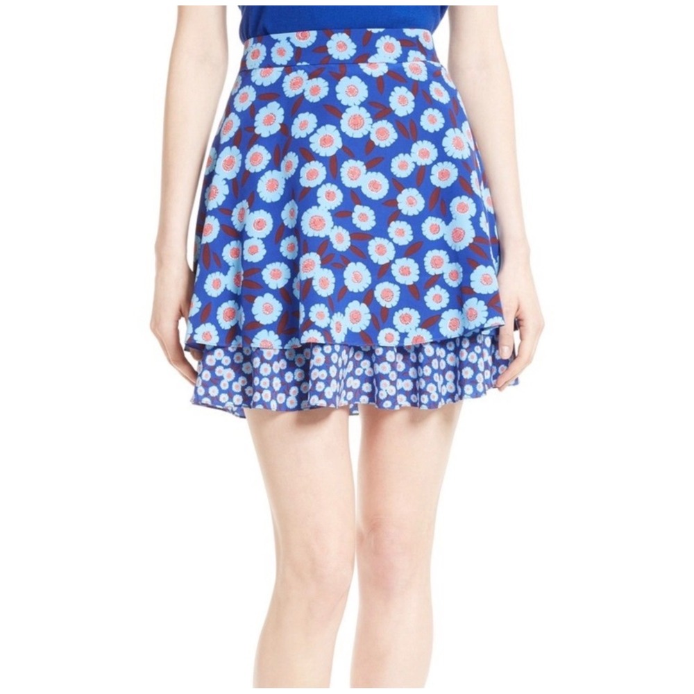 Kate Spade New York Blue Floral 100% Silk Tangier Tiered Mini Skirt Size 6